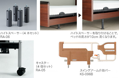 ハイトスペーサー（4本セット）RA-06/ハイトスペーサーを取り付けることで、ベッドの高さが10cm高くなります/キャスター（4個セット）RA-05/スイングアーム介助バー KS-096B